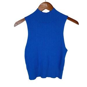 New Wild Fable Cropped Tank Top Ribbed Blue Stretchy Mock Neck Women's M